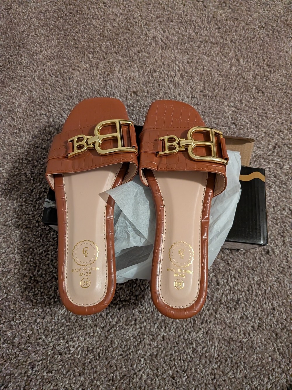Brown Croc-Embossed Slide Sandals with Gold Accent